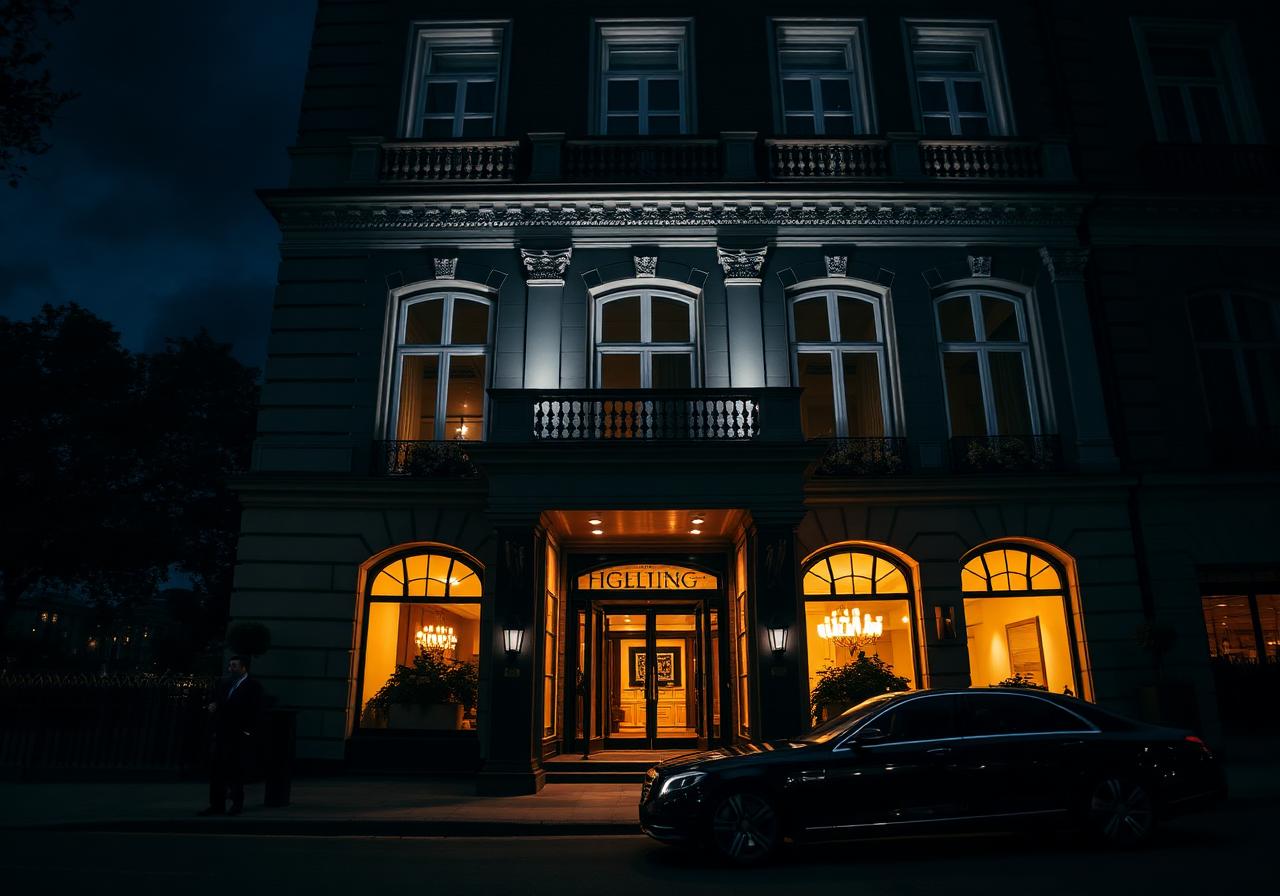 Luxury hotel exterior at night with chauffeur car waiting