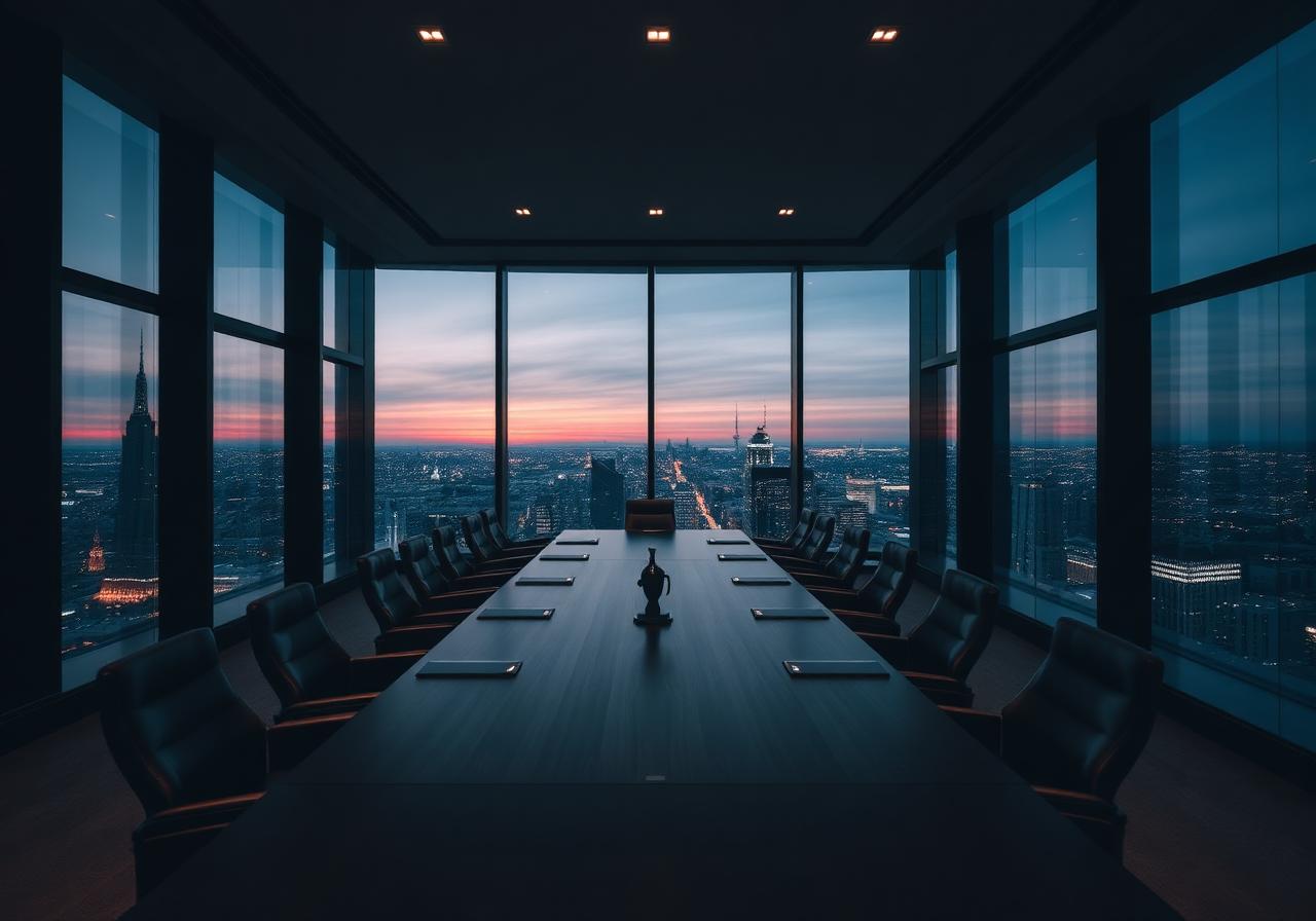Modern executive boardroom with city skyline view